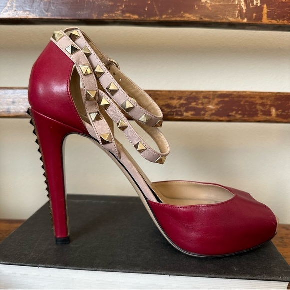 Valentino Rockstud Open Toe Pumps Heels Stiletto Ankle Straps Red Leather - Picture 3 of 16